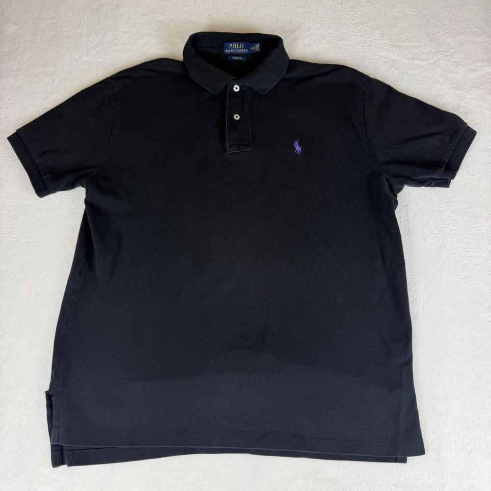 Polo Ralph Lauren Mens Large Classic Fit Black Polo Shirt Purple Pony Logo
